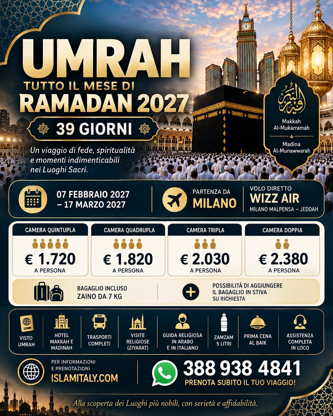 Locandina Umrah tutto il mese di Ramadan 2027, 39 giorni dal 7 febbraio al 17 marzo con Wizz Air