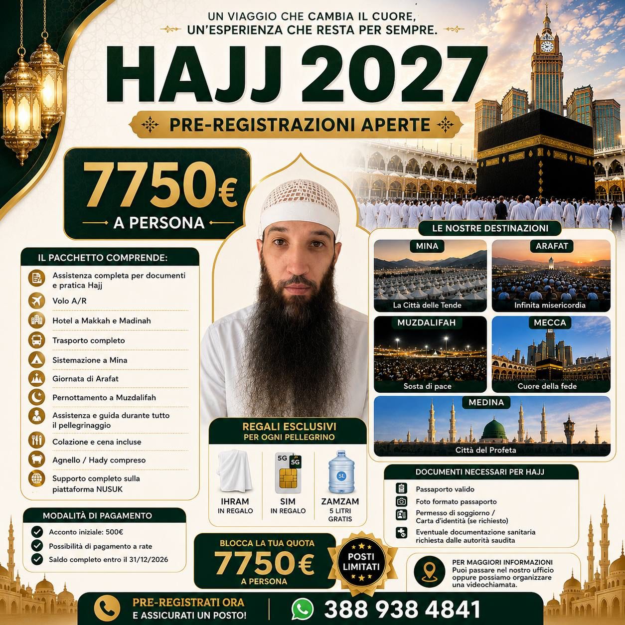 Locandina ufficiale Hajj 2027 di IslamItaly con prezzo, pacchetto, destinazioni, documenti e modalità di pagamento