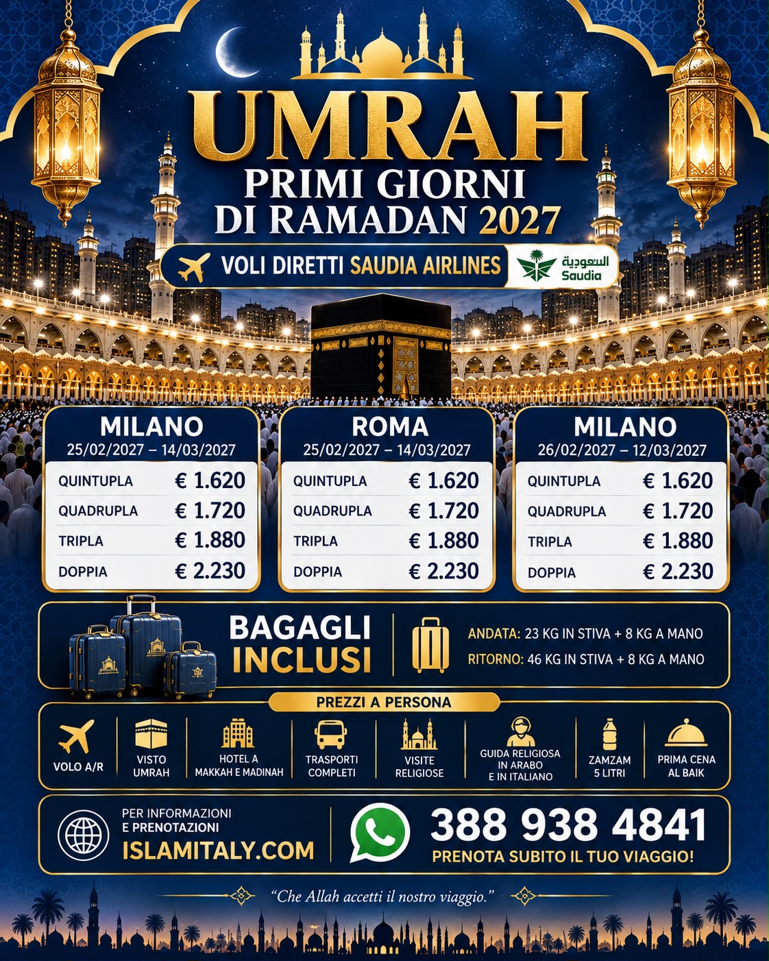 Locandina Umrah primi giorni di Ramadan 2027 con voli diretti Saudia Airlines da Milano e Roma