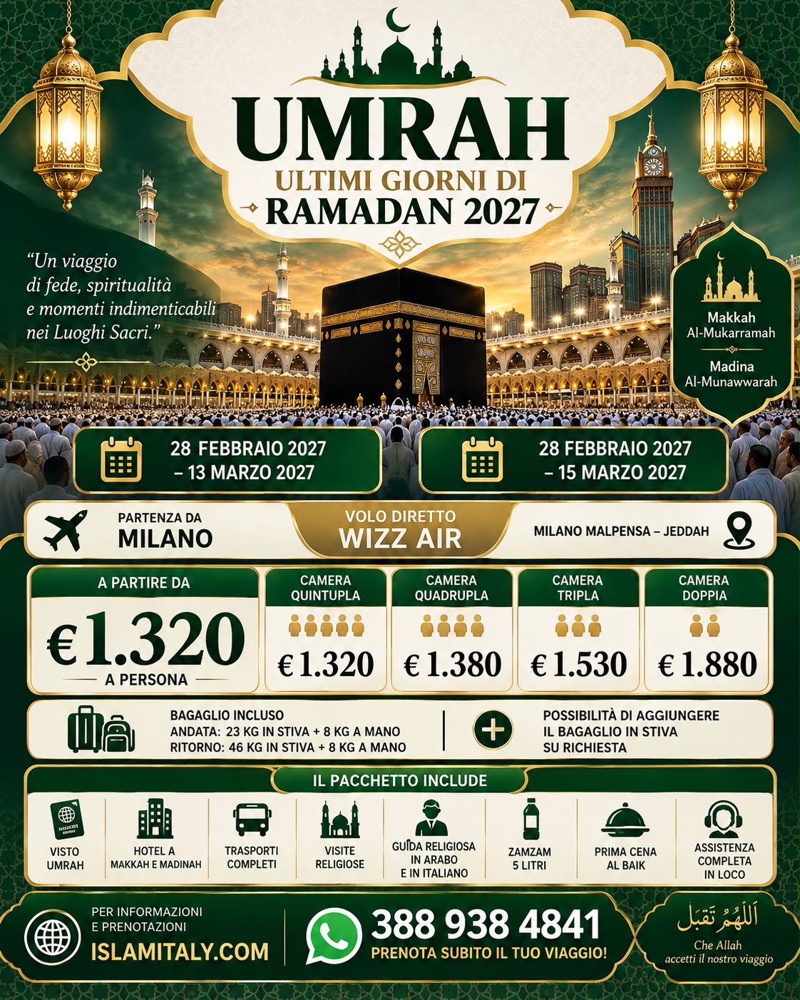 Locandina Umrah ultimi giorni di Ramadan 2027 da 1.320 € a persona con volo diretto Wizz Air